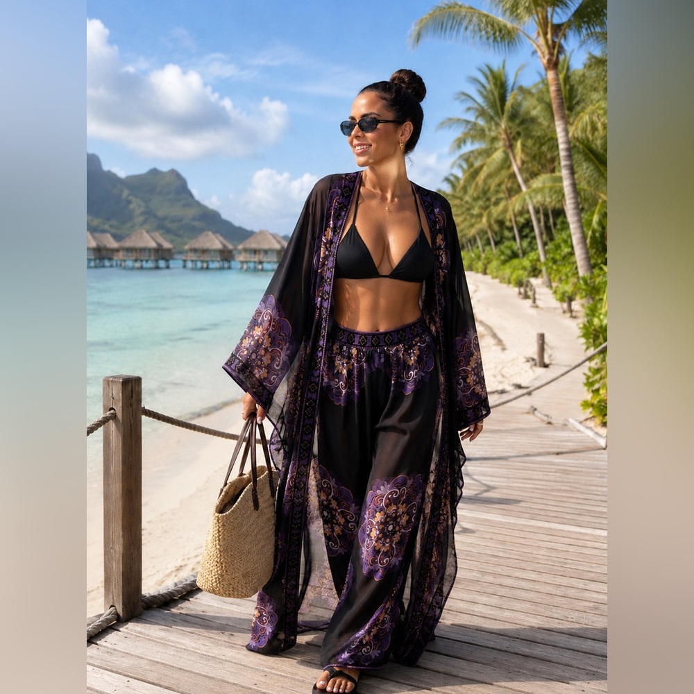 Boho Kimono & Wide Leg Pants Resort Set | Black Purple Floral Cover Up